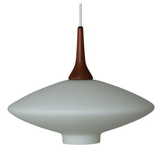Mid-Century Modern Danish UFO Lamp in Opal Glass and Teak, 1960s For Sale