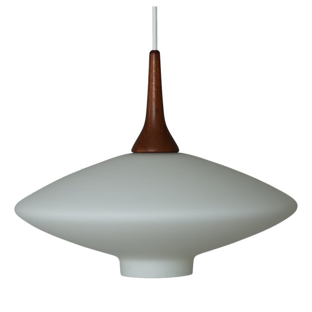 Mid-Century Modern Danish UFO Lamp in Opal Glass and Teak, 1960s For Sale