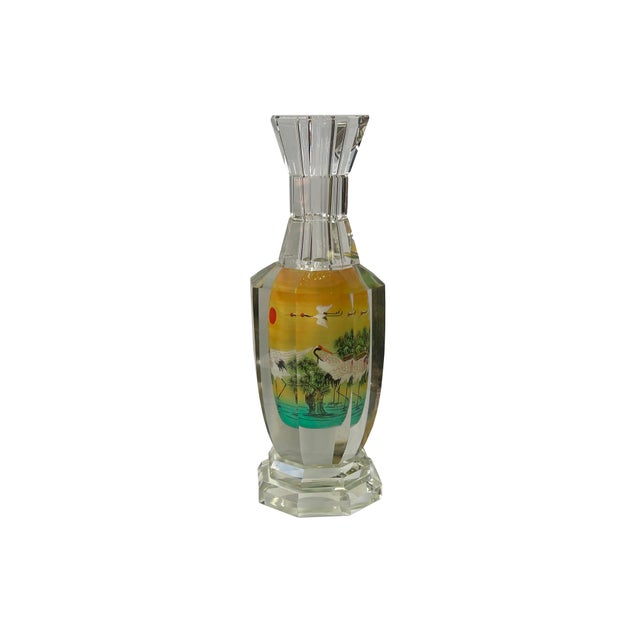 Chinese Inside Oriental Scenery Cranes Graphic Glass Art Vase Bottle For Sale In San Francisco - Image 6 of 6