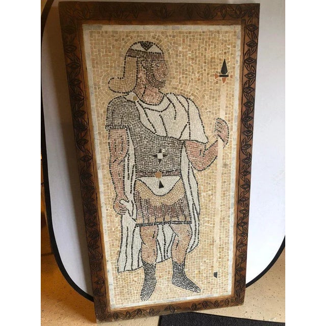 A Mid Century Italian Mosaic Tile Wall Plaque or Table Top of a Centurion in Wood Carved Frame. The palatial micro mosaic...