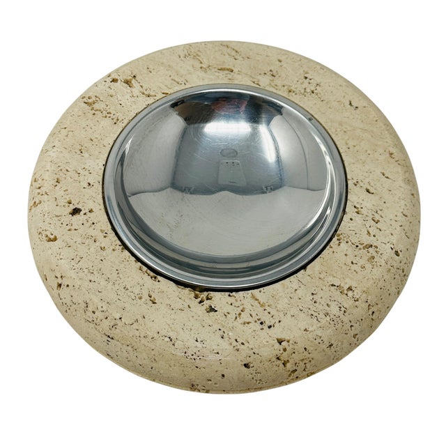 Mid-Century Modern 1970s Marble Art Italian Travertine & Chrome 8" Centerpiece Ashtray For Sale - Image 3 of 12
