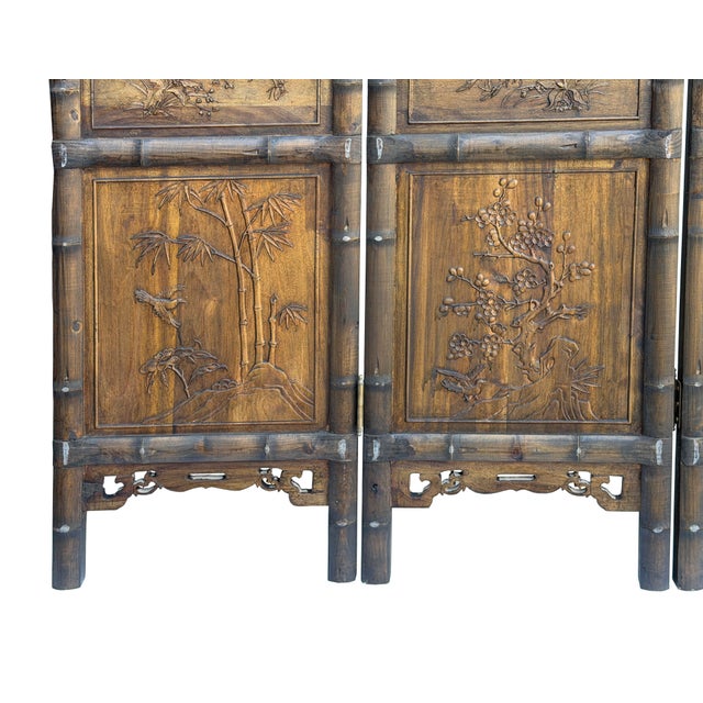 Vintage Finish Openwork Floral 4 Panels Wood Floor Screen Room Divider For Sale - Image 9 of 10