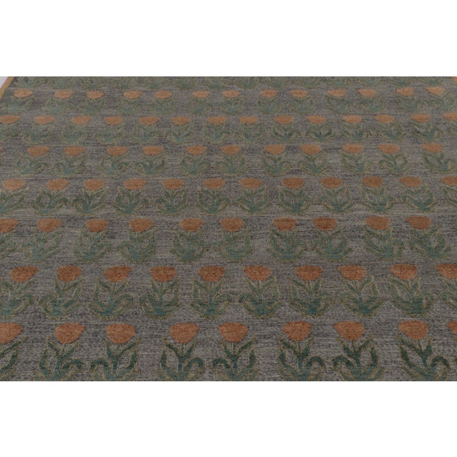 Traditional Rug & Kilim’s Block Print Rug Design in Gray With Rust and Green Floral Motifs For Sale - Image 3 of 7