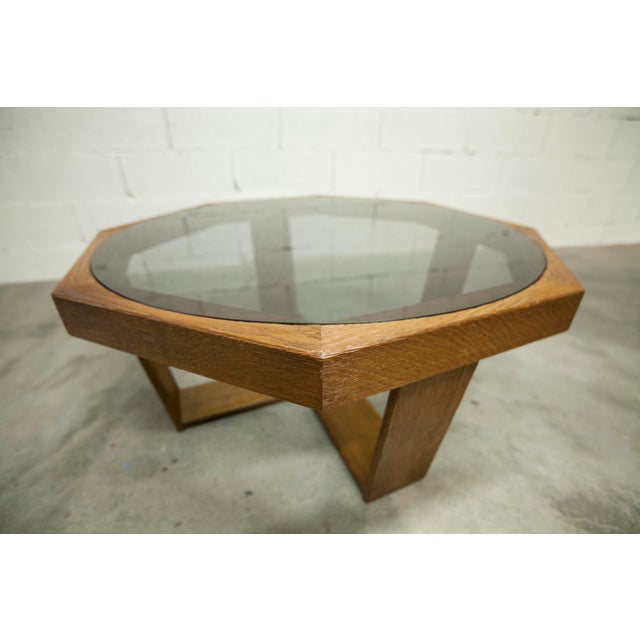 Hexagonal Table in Oak and Smoked Glass, Switzerland, 1977 For Sale - Image 4 of 18