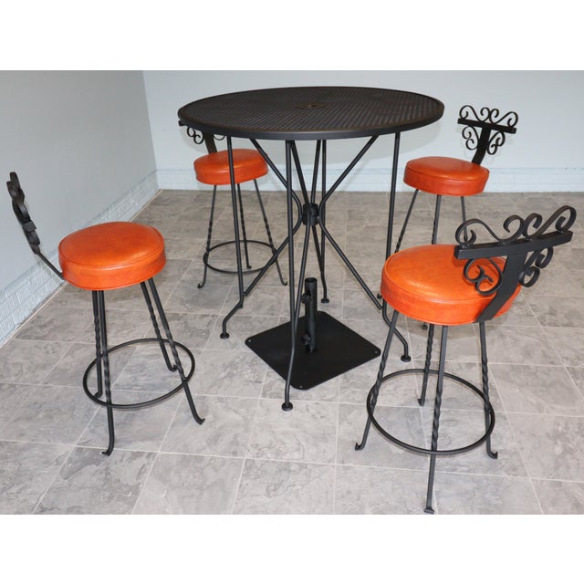 Vintage Spanish Revival Wrought Iron Swivel Bar Stool Set With Matching Mesh Bar Table & Heavy Umbrella Stand – Mid-Century, Orange Vinyl For Sale - Image 9 of 12