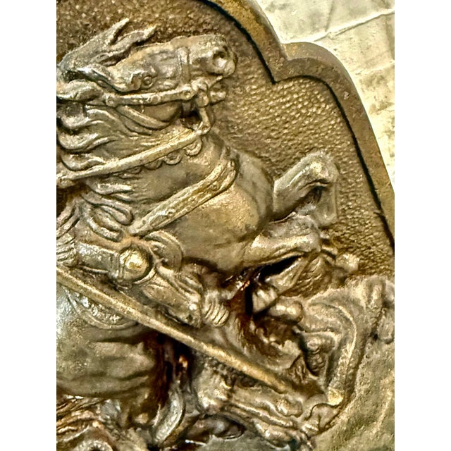 Hubley Manufacturing Company Antique 1925 Hubley #312 Cast Iron, Bronze-Clad Bookend in Bas-Relief Depicting the Legend of Saint George Slaying the Dragon For Sale - Image 4 of 12