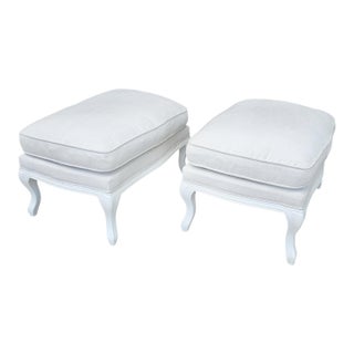 Pair of Restoration Hardware French Louis XV Style Upholstered Ottomans With Cabriole Legs For Sale