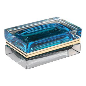 Modernist Hand-Blown Murano Glass Box in Ultramarine & Phthalo W/ Polished Brass