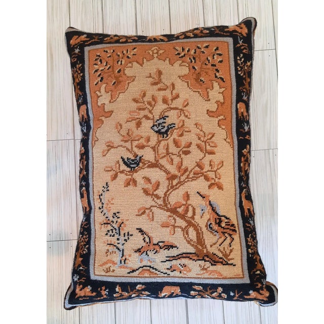 Mid 20th Century Chinoiserie Gold Bird Needlepoint Silk Pillow Woodlands English For Sale - Image 5 of 10