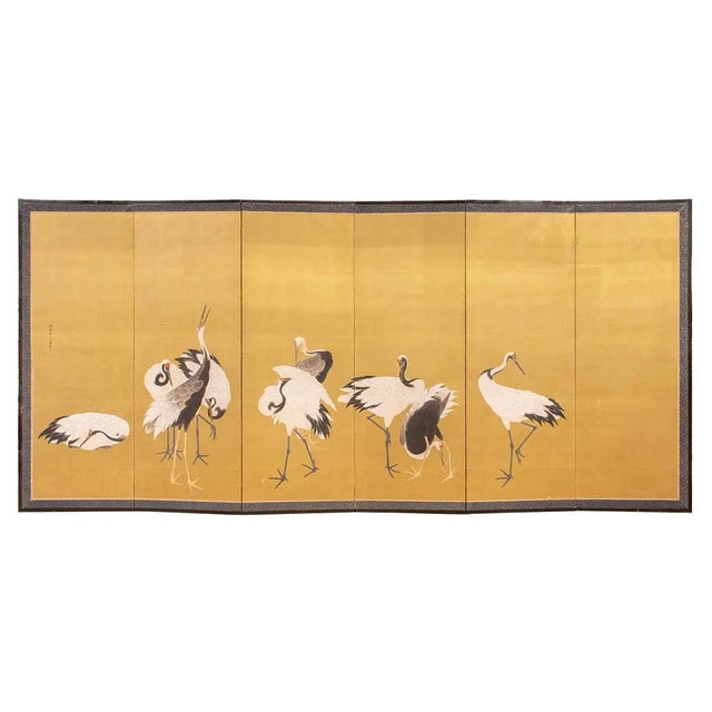 Japanese 18c Edo Japanese Screens Pair Cranes Gold Leaf on Paper Signed Antique Framed Set of Two Folding Byobu For Sale - Image 3 of 15