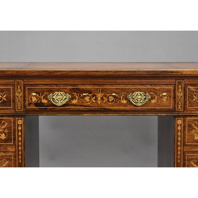 19th Century Victorian English Rosewood & Marquetry Writing Table For Sale - Image 4 of 14
