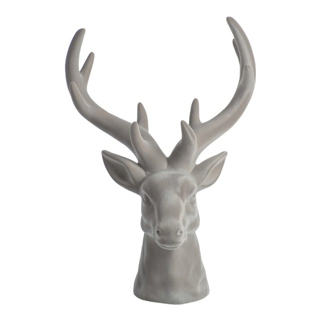 Flocked Stag Head Figurine Statue, Taupe For Sale