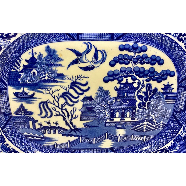 Antique Allerton’s Ltd Blue Willow Serving Platter Made in England - Circa 1830’s. Measures 13 1/2” W x 11” D x 1” T