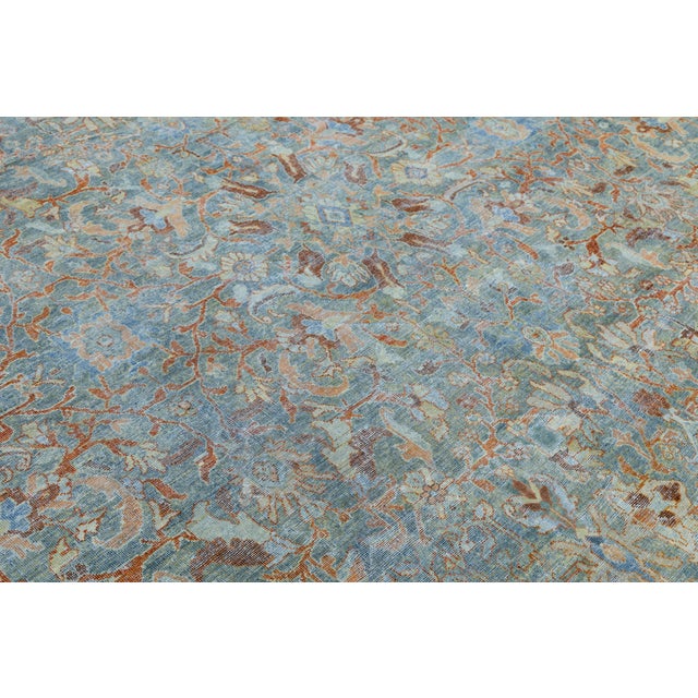 Antique Mahal Wool Rug in Muted Muted Sky Blue and Terracotta For Sale - Image 10 of 11