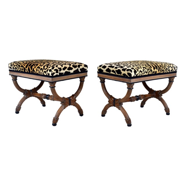 Curule Form Stools / Benches in Leopard Velvet, Circa 1955, Italy For Sale