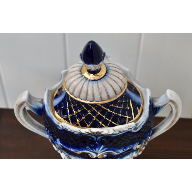 Italian Ceramic Lidded Urn Capodimonte Cobalt Blue Gold Relief Cherubs 70s For Sale - Image 4 of 16