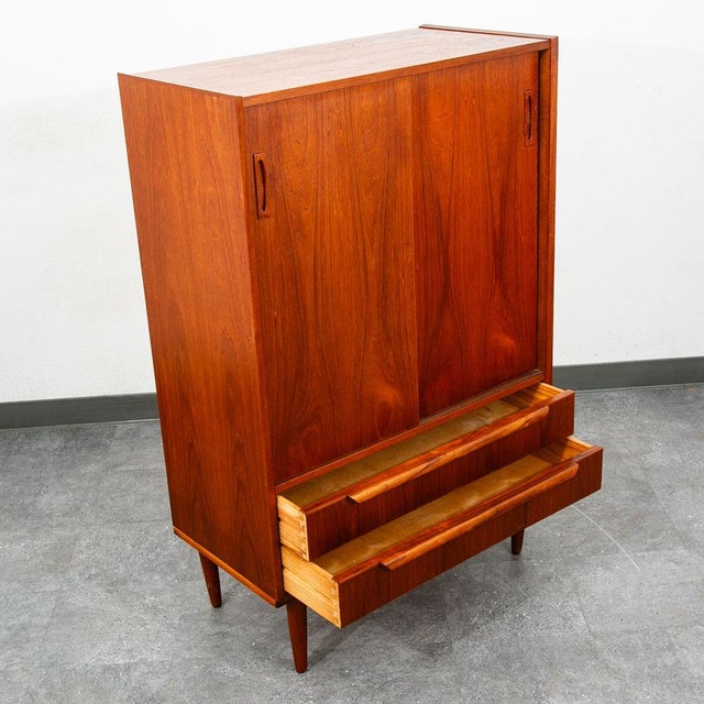 1960s Mid Century Danish Cabinet Highboy Solid Teak Denmark Drawer Sliding Doors Shelf For Sale - Image 5 of 12