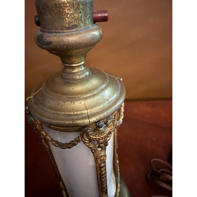 Pair of Vintage French Empire Brass & Milk Glass Table Lamps 12" X 4.5" Ca. 1950 For Sale - Image 13 of 18