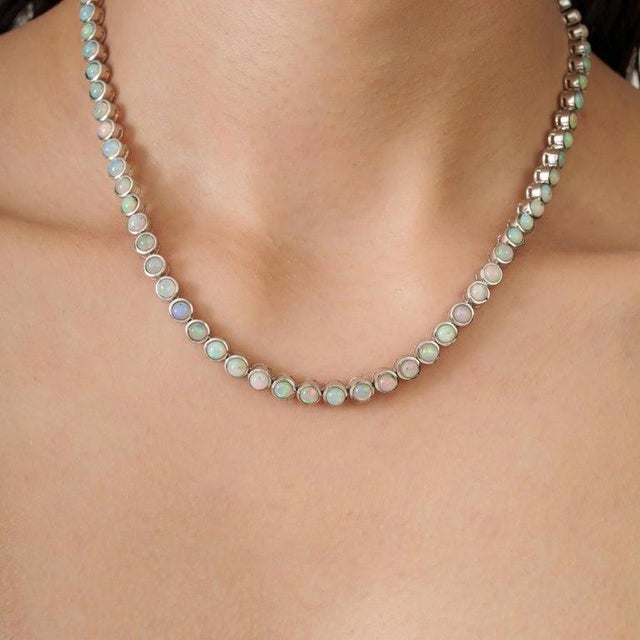 16 Inches Handmade Opal Gemstone Tennis Necklace in 925 Sterling Silver For Sale - Image 6 of 11
