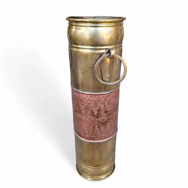 Antique Brass & Copper Repoussé Umbrella Stand – Early 20th C. Hand‑Hammered Stick Holder For Sale - Image 10 of 14