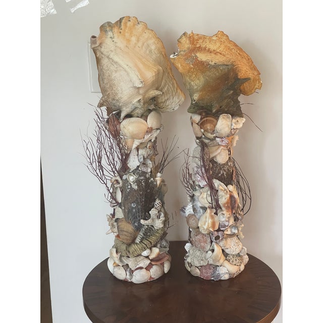 1970s Antique Grotto Sea Shell Candlesticks With Antique Bahamas Conch Shells For Sale - Image 5 of 9