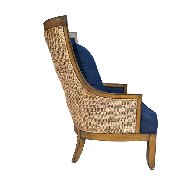 Late 20th Century Pair of Palecek Woven Wingback Lounge Chairs With Navy Cushions For Sale - Image 9 of 11