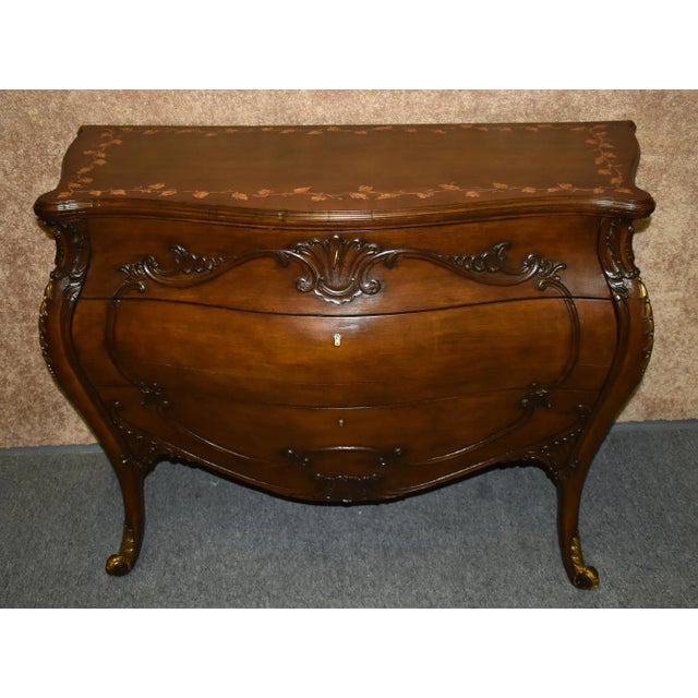 Italian Antique Three Drawer Carved Walnut Italian Bombe' Commode W/Floral Painted Top For Sale - Image 3 of 13
