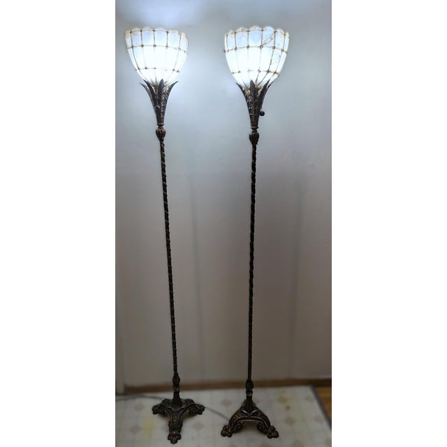 Pair of Antique Ealy 1900's Art Nouveau Cast Metal Torchiere Floor Lamps With Capiz Shell Tulip Shades For Sale - Image 11 of 11