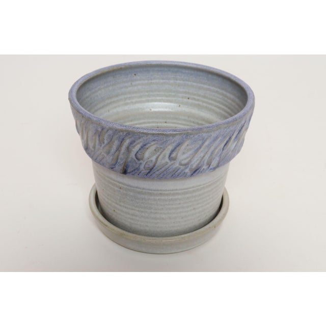 Mid-Century Modern Vintage Periwinkle Incised Studio Ceramic Planter With Saucer by Deanna Nichols For Sale - Image 3 of 15