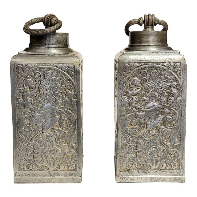 Pair of 1880s, Antique Pewter Tea Canisters Embossed With Heraldry, Germany For Sale