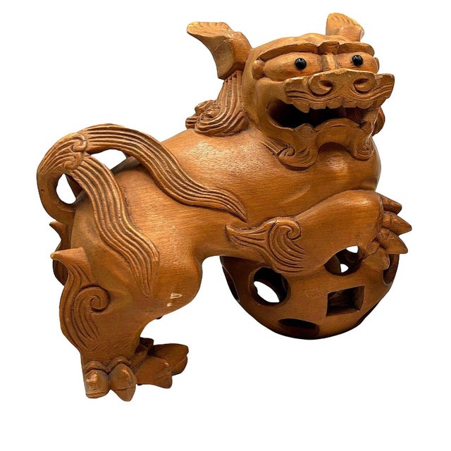 Brown Mid 20th Century Chinese Export Carved Wood Guardian Foo Dog Statue, Pair For Sale - Image 8 of 14