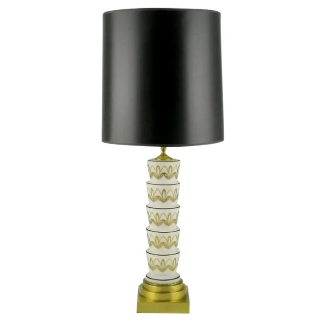 Hand Painted White Glass Art Deco Table Lamp. For Sale