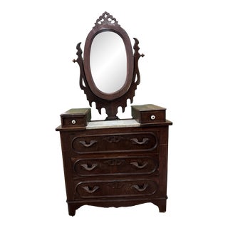 Antique Victorian Dresser With Marble Insert & Oval Swivel Mirror For Sale