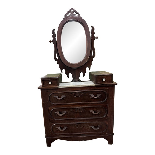 Antique Victorian Dresser With Marble Insert & Oval Swivel Mirror For Sale