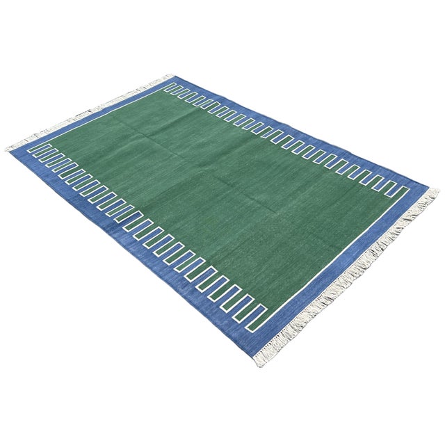 Handmade Cotton Vegetable Dyed Rug, Forest Green, White and Blue Zig Zag Striped Dhurrie-10'x14' For Sale - Image 10 of 12