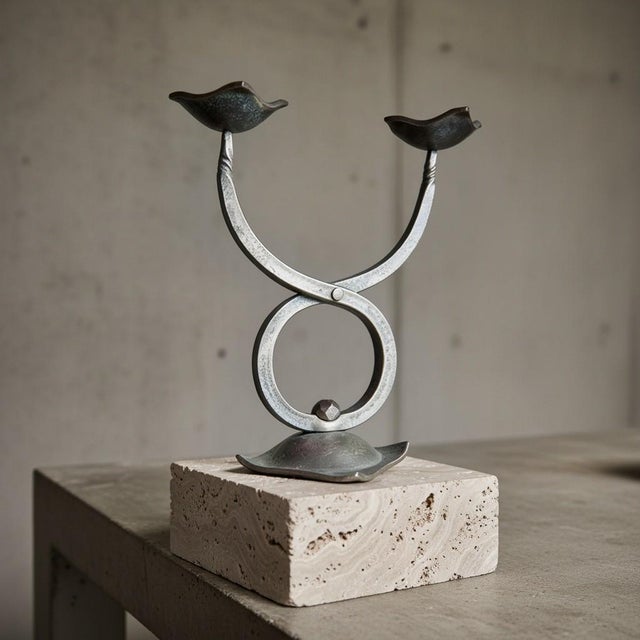 Gothic Hefaistos Prague Forged Iron Taurus Zodiac Candle Holder-Arts Crafts-Czech-Metal For Sale - Image 3 of 11