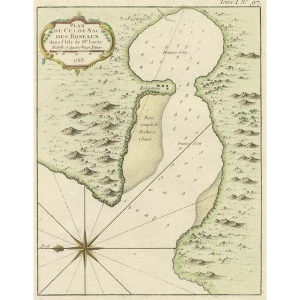 Handcolored Engraved Map of Roseaux, St. Lucia Island by Bellin, 1763 For Sale - Image 4 of 6