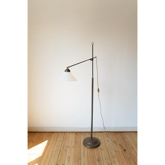 Industrial Vintage Floor Lamp in Brass and Glass For Sale - Image 3 of 12