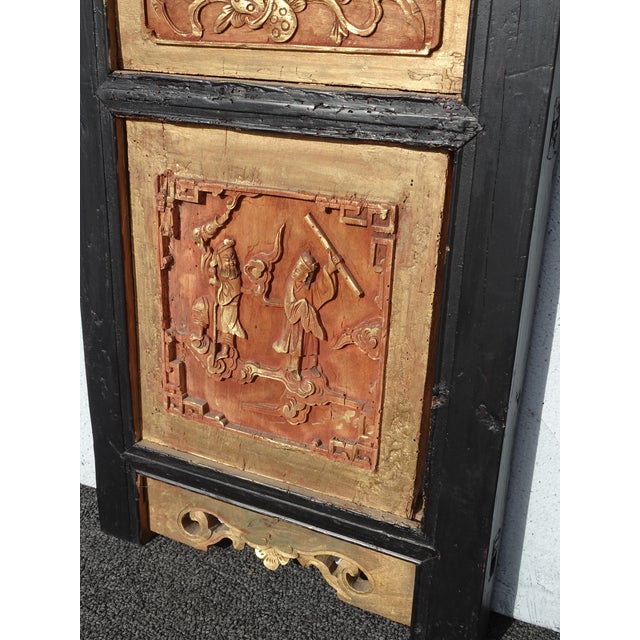 Pair Antique Chinese Hand Carved Gold & Red Panel Screens Pictures Wall Decor For Sale - Image 16 of 18