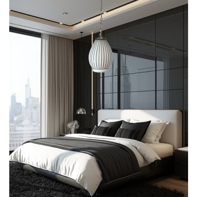 Metal Vintage Murano Striscia Art Glass White Oval Pendant Light With Black Stripes For Sale - Image 7 of 18