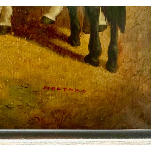 Brown Late 20th Century Realist Farmhouse Oil Painting, Countryside Farm Animals, Framed, 42.5"w For Sale - Image 8 of 9