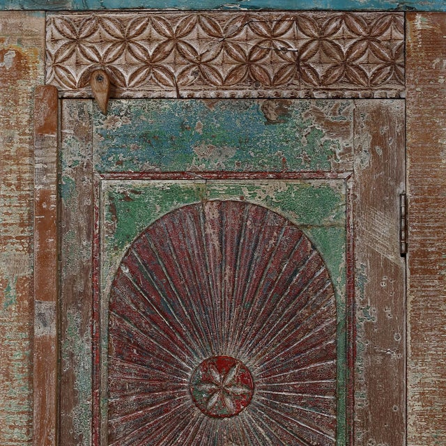 Armoire constructed from an Antique Indian Painted Teakwood Door and Elements, with a beautiful old painted patina and...