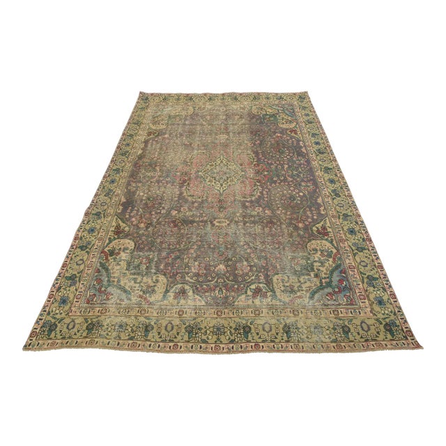 Tabriz Rug 9’5” X 12’3” Violet Wool Vintage Distressed Hand-Knotted Carpet For Sale