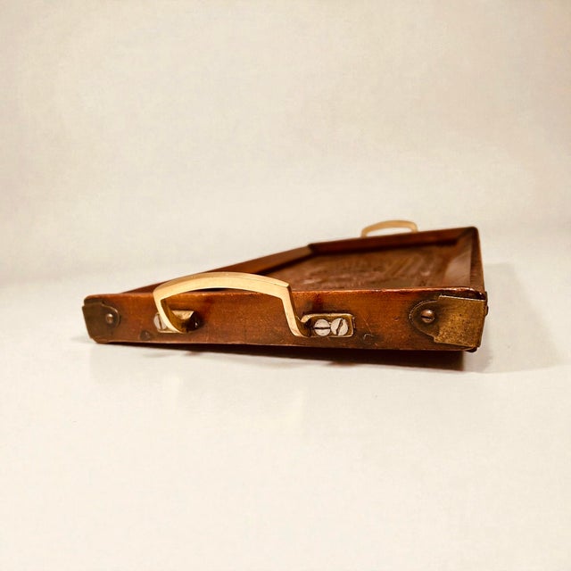 Brown Antique Edwardian Hand-Carved Wooden Serving Tray with Brass Handles, England, 1890s For Sale - Image 8 of 15