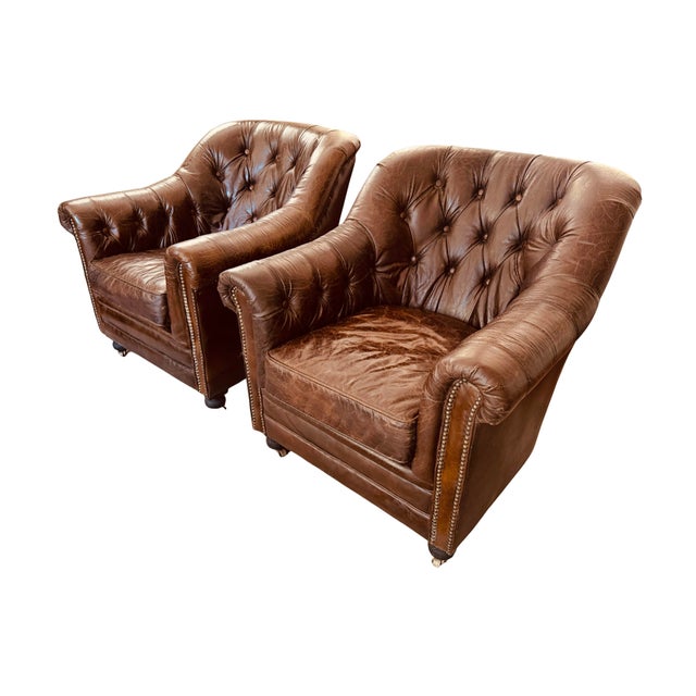 Wood Restoration Hardware Distressed Leather Club Chairs, Pair – Tufted English Library Lounge Chairs With Rolled Arms & Brass Casters For Sale - Image 7 of 18