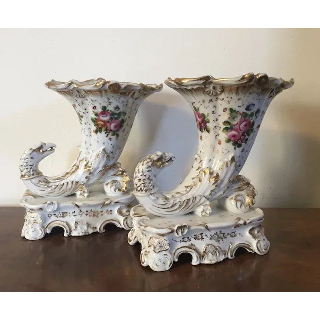 1830 Antique French Empire Porcelain Rhyton Eagle Head & Cornucopia Mantel Vases - A Pair For Sale - Image 9 of 13