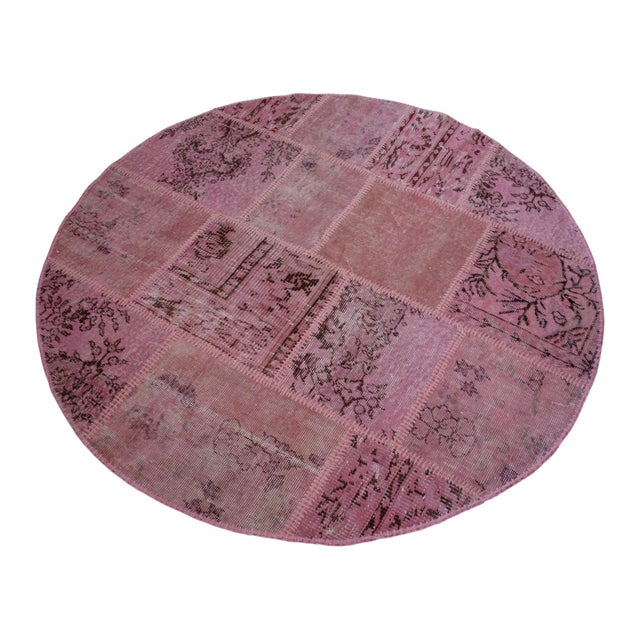 The Pink Way Turkish Round Rug Hand Knotted Handstitched Living Room Entry Decor - 4'11" Diameter For Sale - Image 6 of 13