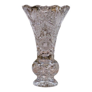 Mid-Century Clear Cut Crystal Trumpet Vase With Geometric and Vine Motifs For Sale