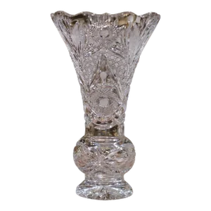 Mid-Century Clear Cut Crystal Trumpet Vase With Geometric and Vine Motifs
