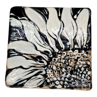1980s Painted Pottery Tile Trivet White and Black Flower Signed Jacob Koster For Sale